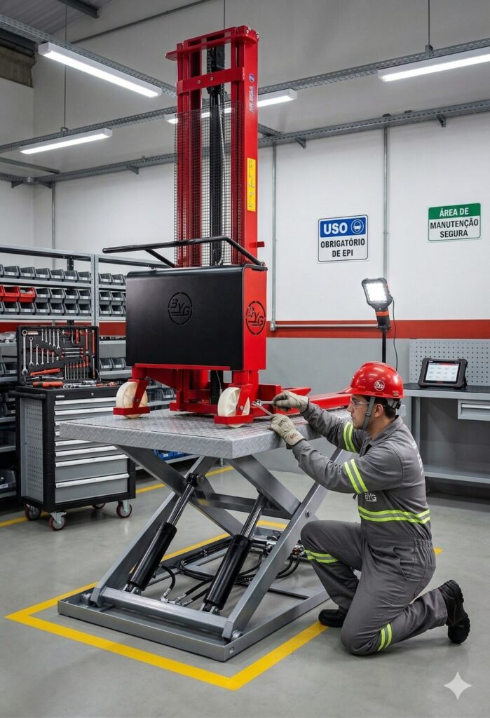 Técnico especializado realizando manutenção em sistema industrial, utilizando ferramentas de precisão para garantir a disponibilidade mecânica e segurança do equipamento.